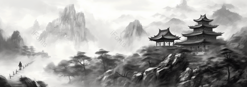 树林里的亭楼房子黑色水墨中国风背景,插画/手绘图,插画/手绘图库,插画/手绘图下载,插画/手绘